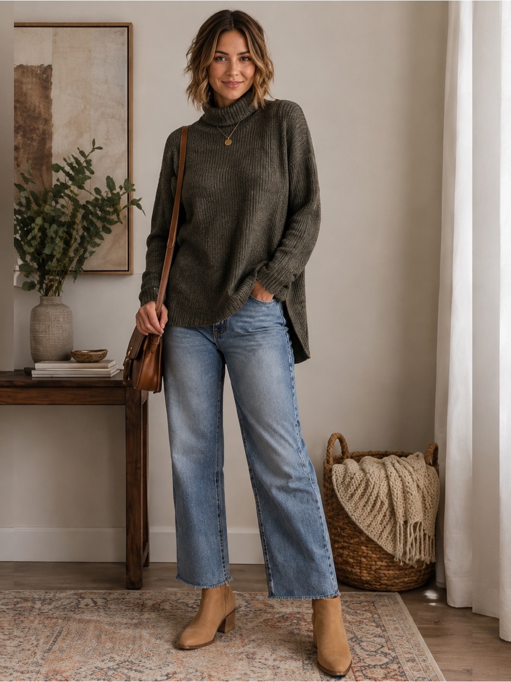 A New Day Olive Green Turtleneck Sweater Women’s XS NWT Hi-Low Side Slit
